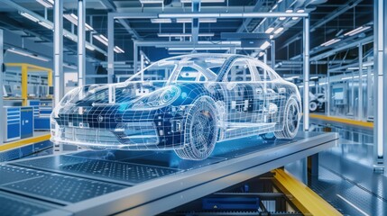 A digital blueprint of a car presenting its intricate design simulations within a modern automotive factory