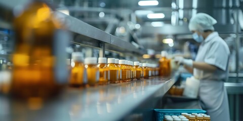 Obraz premium Factory Workers in Food Production Efficient blurred background image of factory workers in a food production facility, handling ingredients and packaging products. 