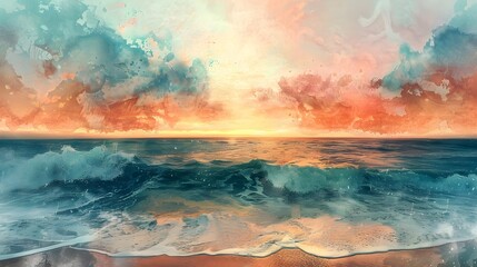 Ethereal Coastal Sunrise with Crashing Waves and Pastel Skies