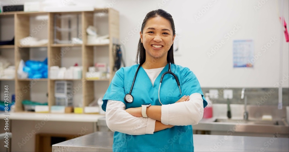 Sticker Crossed arms, veterinary and portrait of Asian woman in clinic for medical service, medicine and treatment. Healthcare, professional and worker with stethoscope for animal, pet wellness and health