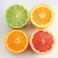Fototapeta premium 4 citrus fruits, orange, grapefruit, lime and lemon cut in half on a white background