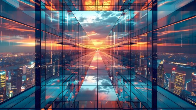 Futuristic Cityscape With Sleek Metallic Skyscraper Reflecting Dynamic Lights and Geometric Patterns
