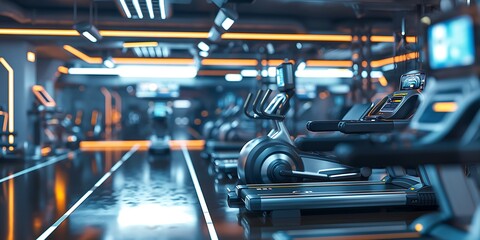 Futuristic Fitness Center Advanced blurred background image of a futuristic fitness center with smart workout machines, virtual trainers, and interactive fitness programs.