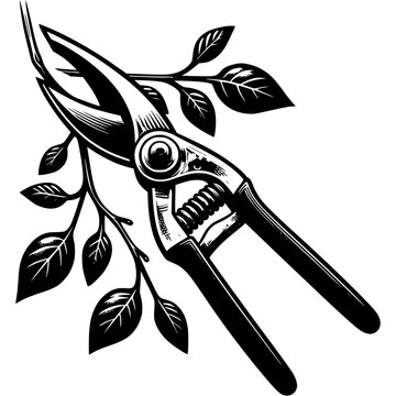 black and white pruning shears cutting branch clip art preview