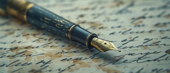 Fountain pen in focus, resting on a sheet filled with cursive writing, highlighting ink smudges and the raw texture of the pen's body