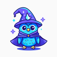 Adorable Owl wizard cartoon. Chibi Owl magician. Cute Owl mage