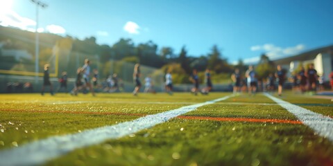 landscape with a field of grass, High School Sports Practice Active blurred background image of high school athletes practicing on a sports field. 