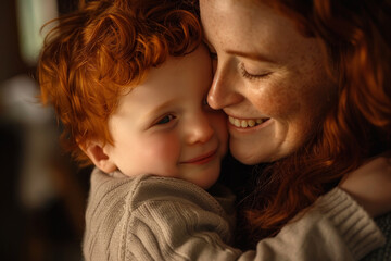 A woman is hugging a child with red hair