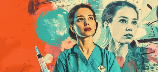 The image is of a female doctor or nurse, wearing a green uniform. She is looking at the camera with a serious expression. There is a colorful background with a syringe and pills. The image is likely