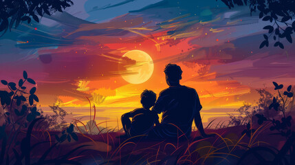 Obraz premium A man and a boy are sitting on a grassy hillside, looking at the moon
