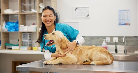 Happy woman, portrait and veterinarian with dog for animal checkup, visit or healthcare at shelter. Young asian female person or veterinary with smile for medical pet care or treatment at clinic