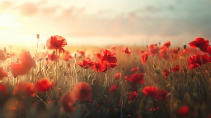 Obraz premium Field of red poppies with a gentle breeze and soft light, independence day concept