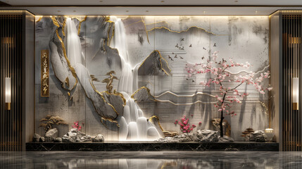 A large wall with a waterfall and a tree with pink flowers