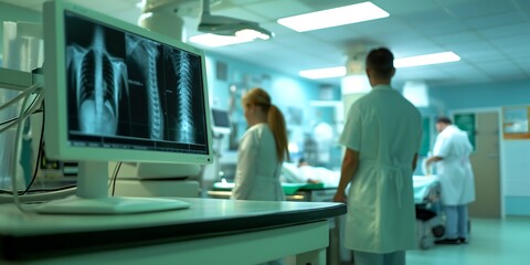 Medical Team in Radiology Department Attentive blurred background image of a medical team working in the radiology department, reviewing scans and patient information. 