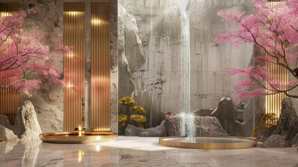 A room with a waterfall and pink cherry blossoms