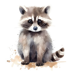 Obraz premium Cute little racoon sitting, watercolor adorable animal