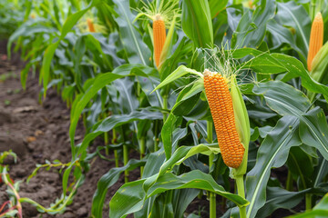 corn on the field, Corn cobs in corn plantation field generative ai