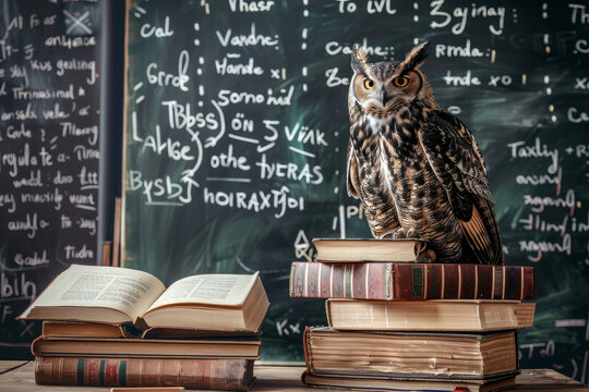 A small owl sits on top of a stack of books