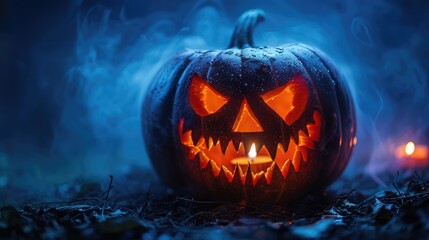 Spooky Jack-o'-Lantern with Glowing Candle in Dark Foggy Night