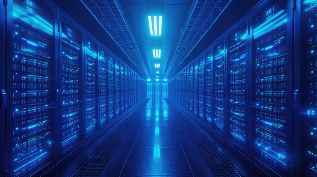 A parallel row of servers, adorned in electric blue, fills a technology-driven data center hallway with a symmetrical display of power and Azure technology. AIG41
