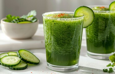 Two Glasses of Cucumber Mint Smoothie With Cucumber Garnish