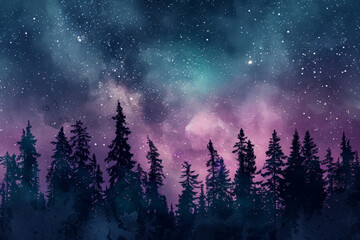 Naklejka premium A painting of a forest with purple trees and a starry sky