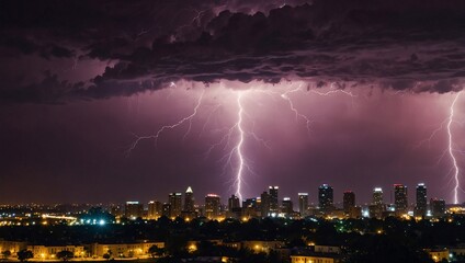Flashes of lightning strike the city at night with pink clouds