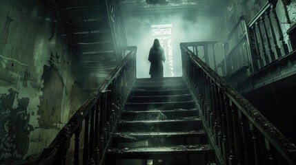 Fototapeta premium Haunted Mansion with Ghostly Apparition on Staircase