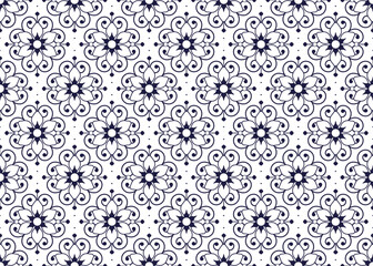 Symbol dark blue floral on white background, ethnic fabric seamless pattern design for cloth, carpet, batik, wallpaper, wrapping etc.