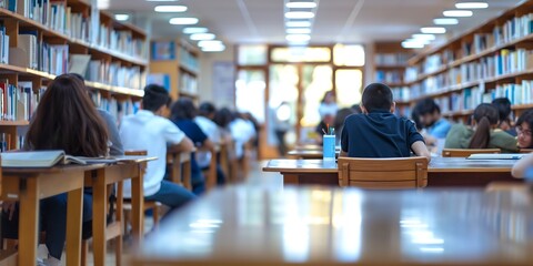 students in library, Students in Classroom Engaged blurred background image of students listening attentively to a teacher in a university lecture hall. 