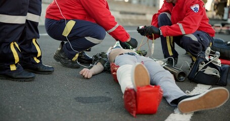 EMS, hands and paramedic with patient, outdoor and accident, injury and service of transport for healthcare. Rescue, ambulance and helping of person, pulse oximeter and check of oxygen and breathing