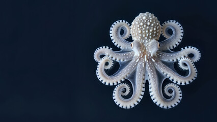 A top-down image of an octopus isolated against a dark blue background. Copy space.