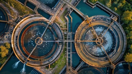 Obraz premium Aerial view of a wastewater treatment plant with two large circular tanks and intricate network of pipes and walkways. The plant is surrounded by greenery and several smaller pools.