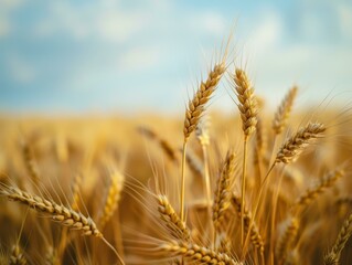 Fototapeta premium Close-up view of a wheat field during harvest time, showing ripe wheat spikes swaying gently with a clear blue sky in the background.