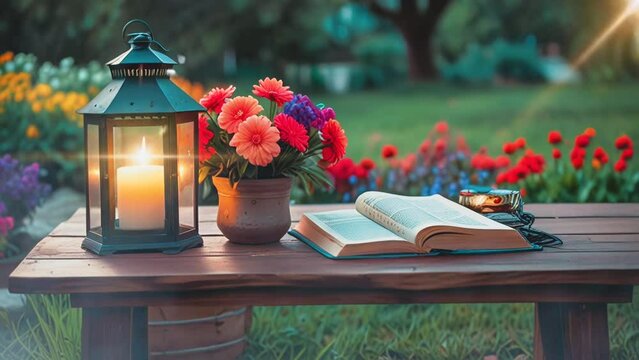 Books and flowers with aesthetic letters on a garden background, in smooth quality with 4K video