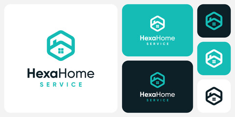 Hexagon shape geometric house vector logo design with modern, simple, clean and abstract style.