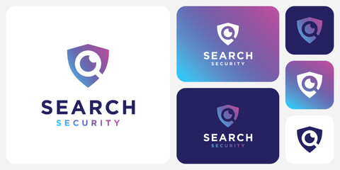 Search shield and magnifying glass technology vector logo design in modern, simple, clean and abstract style.