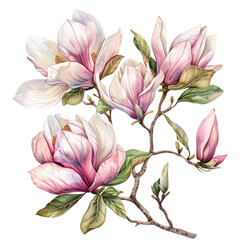 a magnolia clipart, floral element, watercolor illustration, white and pink, isolated on white background transparent background