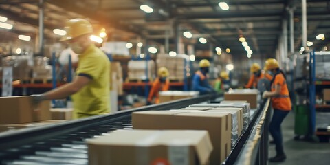 workers in warehouse, Warehouse Workers Sorting Packages Busy blurred background image of warehouse workers sorting and labeling packages for distribution, using conveyor belts and scanning devices.