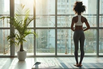 Woman in Yoga Pose in Modern Apartment with Plants
