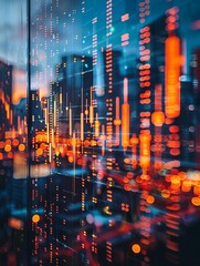 Fototapeta premium Abstract city lights and digital data overlay. Concept of technology and urban landscape.