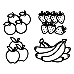 Banana, strawberry, orange, and apple, icon set vector illustration. For healthy eating, freshness, dieting, and thin. Vegetable design element horizontal, clip art, outline, sketch, juicy, doodle