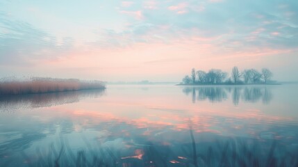 Fototapeta premium Serene dawn landscape with a calm lake reflecting the soft colors of the sky, morning mist hanging delicately over the water