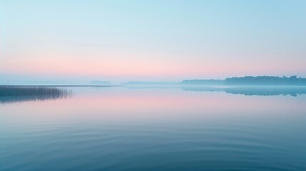 Fototapeta premium Serene dawn landscape with a calm lake reflecting the soft colors of the sky, morning mist hanging delicately over the water