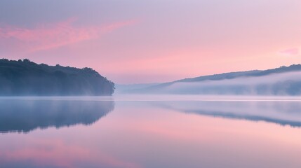 Fototapeta premium Serene dawn landscape with a calm lake reflecting the soft colors of the sky, morning mist hanging delicately over the water