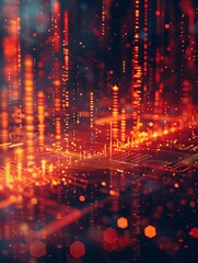 Abstract futuristic technology background with red glowing lines and data streams.