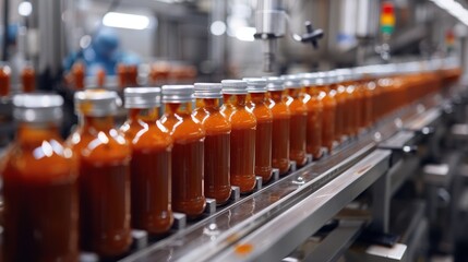 Obraz premium Robots in a cutting-edge factory bottling barbecue sauce, shiny surfaces, sanitary conditions, automated precision