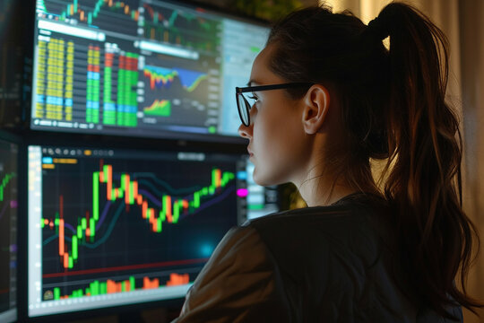 Woman analysis line graphs, charts of stock or crypto market trading..