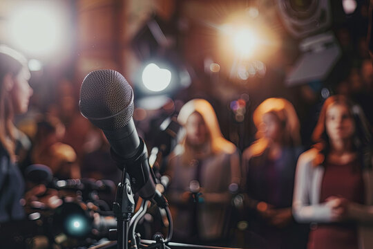 Spokesperson at a podium with news media microphones, broadcasting breaking news