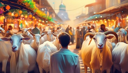 Obraz premium Muslim people at the animal market to buy goats, sheep or cow for Eid al-Adha. generative ai